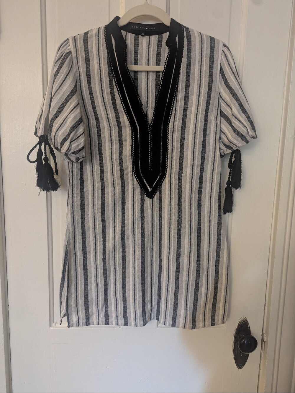 ENGLISH FACTORY BLACK & WHITE STRIPED TASSEL SHIFT DRESS | SIZE S